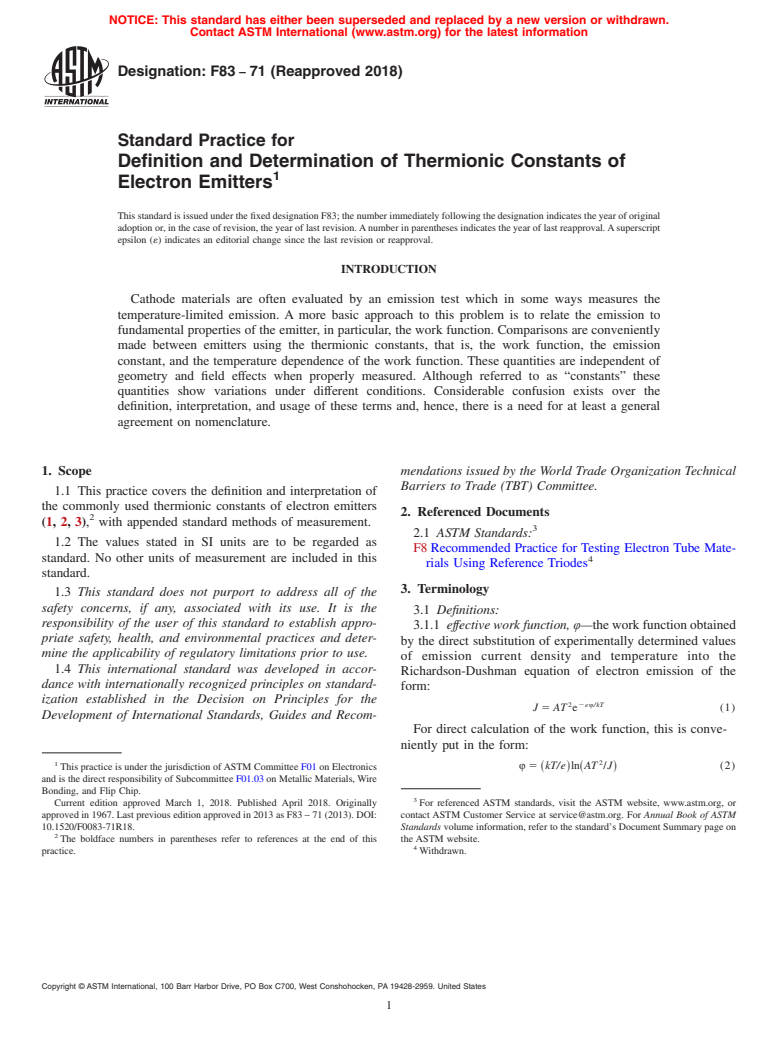 ASTM F83-71(2018) - Standard Practice for  Definition and Determination of Thermionic Constants of Electron  Emitters (Withdrawn 2023)