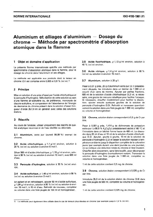 ISO 4193:1981 - Aluminium et alliages d'aluminium -- Dosage du chrome -- Méthode par spectrométrie d'absorption atomique dans la flamme