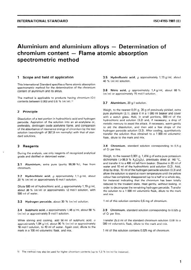 ISO 4193:1981 - Aluminium and aluminium alloys -- Determination of chromium content -- Flame atomic absorption spectrometric method