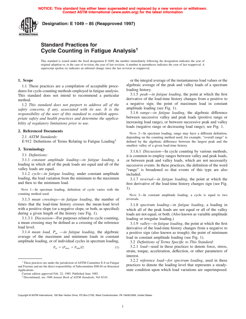 ASTM E1049-85(1997) - Standard Practices for Cycle Counting in Fatigue Analysis