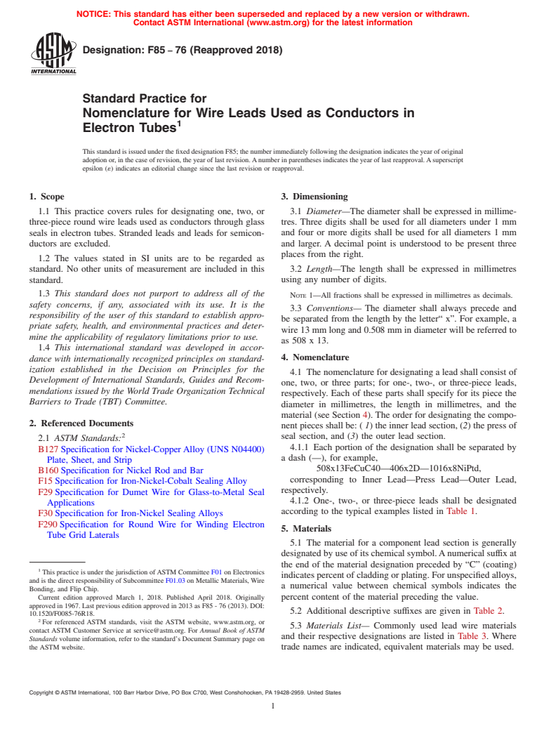 ASTM F85-76(2018) - Standard Practice for  Nomenclature for Wire Leads Used as Conductors in Electron  Tubes (Withdrawn 2023)