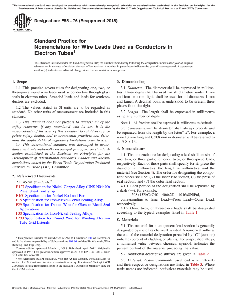 ASTM F85-76(2018) - Standard Practice for  Nomenclature for Wire Leads Used as Conductors in Electron  Tubes