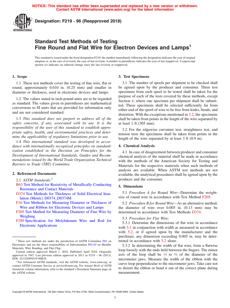 ASTM F219-96(2018) - Standard Test Methods of Testing  Fine Round and Flat Wire for Electron Devices and Lamps (Withdrawn 2023)