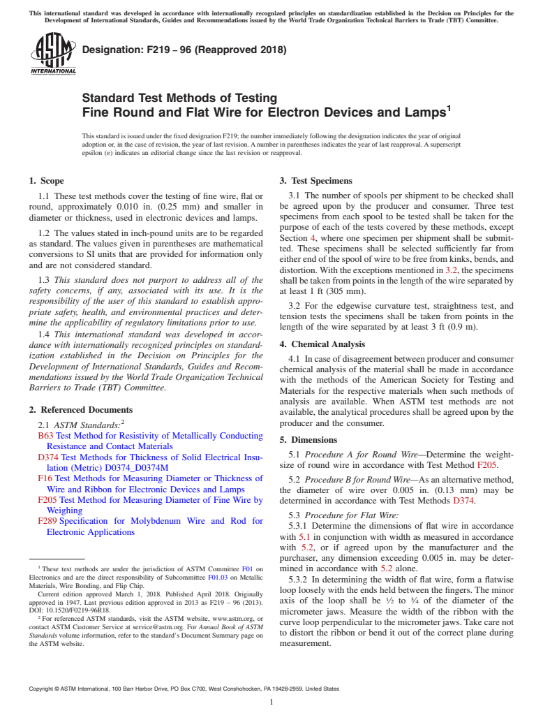 ASTM F219-96(2018) - Standard Test Methods of Testing  Fine Round and Flat Wire for Electron Devices and Lamps