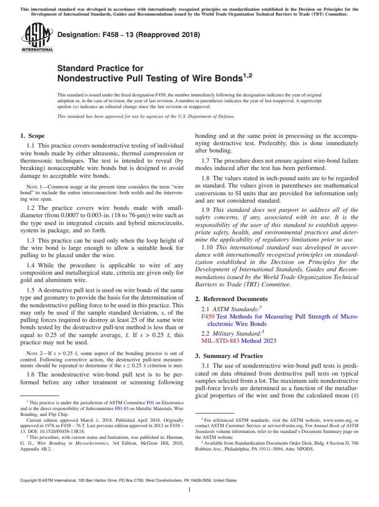 ASTM F458-13(2018) - Standard Practice for  Nondestructive Pull Testing of Wire Bonds