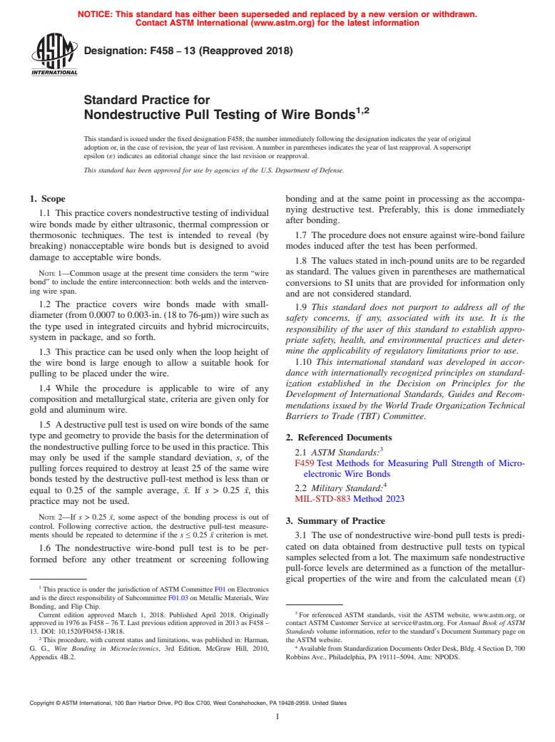 ASTM F458-13(2018) - Standard Practice for  Nondestructive Pull Testing of Wire Bonds (Withdrawn 2023)