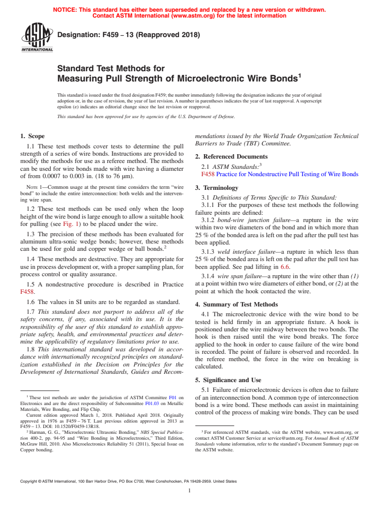 ASTM F459-13(2018) - Standard Test Methods for  Measuring Pull Strength of Microelectronic Wire Bonds (Withdrawn 2023)