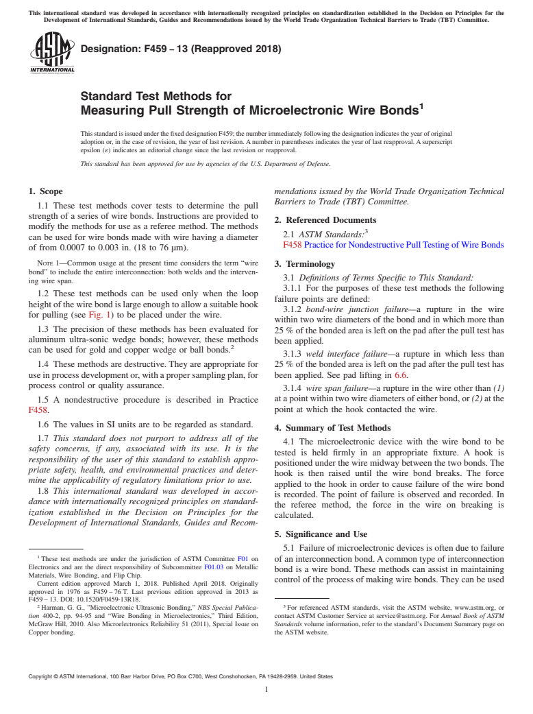 ASTM F459-13(2018) - Standard Test Methods for  Measuring Pull Strength of Microelectronic Wire Bonds