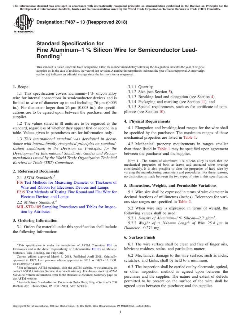 ASTM F487-13(2018) - Standard Specification for  Fine Aluminum&#x2013;1&#x2009;% Silicon Wire for Semiconductor  Lead-Bonding