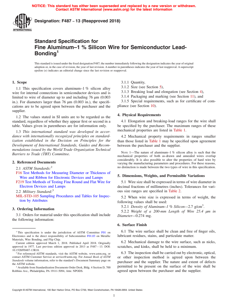 ASTM F487-13(2018) - Standard Specification for  Fine Aluminum&#x2013;1&#x2009;% Silicon Wire for Semiconductor  Lead-Bonding (Withdrawn 2024)