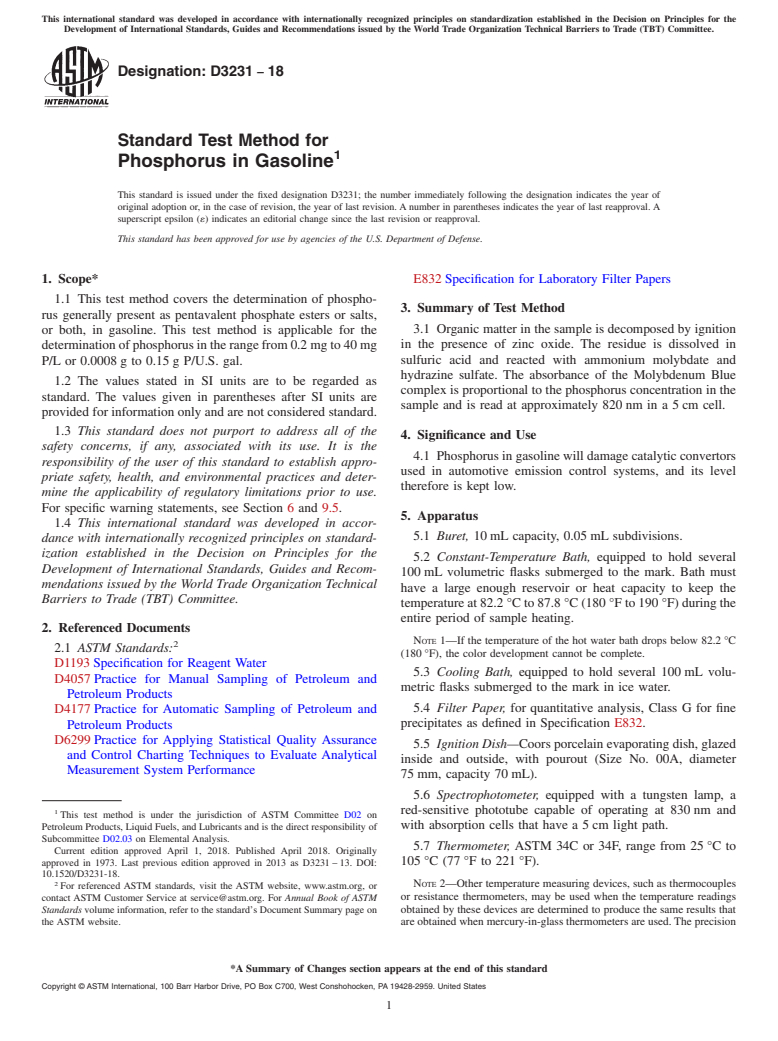 ASTM D3231-18 - Standard Test Method for  Phosphorus in Gasoline