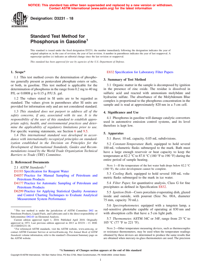 ASTM D3231-18 - Standard Test Method for  Phosphorus in Gasoline