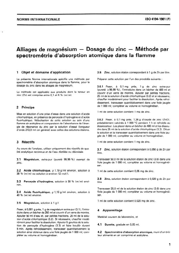 ISO 4194:1981 - Alliages de magnésium -- Dosage du zinc -- Méthode par spectrométrie d'absorption atomique dans la flamme