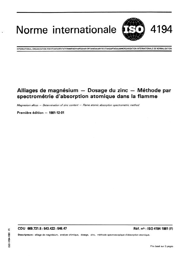ISO 4194:1981 - Alliages de magnésium -- Dosage du zinc -- Méthode par spectrométrie d'absorption atomique dans la flamme