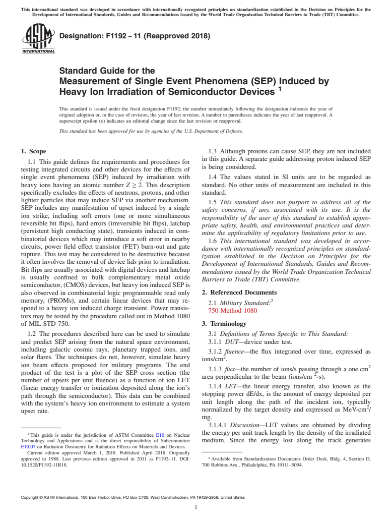 ASTM F1192-11(2018) - Standard Guide for the  Measurement of Single Event Phenomena (SEP) Induced by Heavy   Ion Irradiation of Semiconductor Devices