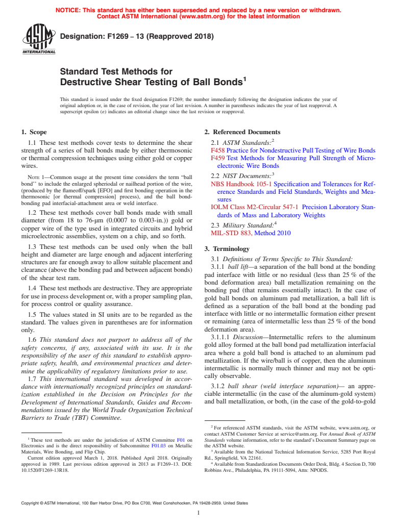 ASTM F1269-13(2018) - Standard Test Methods for  Destructive Shear Testing of Ball Bonds (Withdrawn 2023)