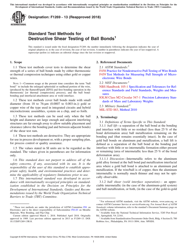 ASTM F1269-13(2018) - Standard Test Methods for  Destructive Shear Testing of Ball Bonds