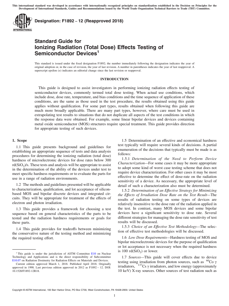 ASTM F1892-12(2018) - Standard Guide for  Ionizing Radiation (Total Dose) Effects Testing of Semiconductor   Devices