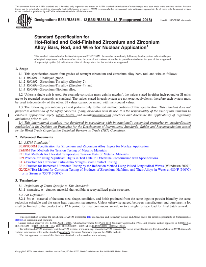 REDLINE ASTM B351/B351M-13(2018) - Standard Specification for Hot-Rolled and Cold-Finished Zirconium and Zirconium Alloy  Bars, Rod,               and Wire for Nuclear Application