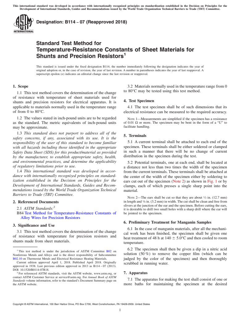 ASTM B114-07(2018) - Standard Test Method for Temperature-Resistance Constants of Sheet Materials for Shunts  and  Precision Resistors