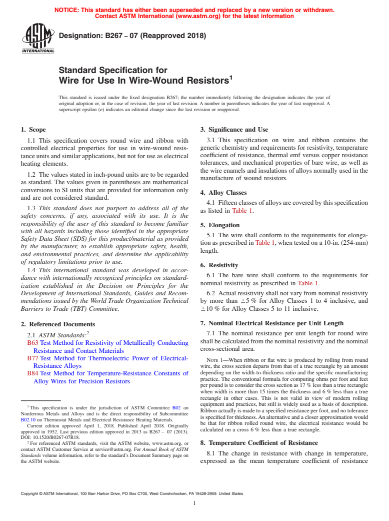 ASTM B267-07(2018) - Standard Specification for Wire for Use In Wire-Wound Resistors