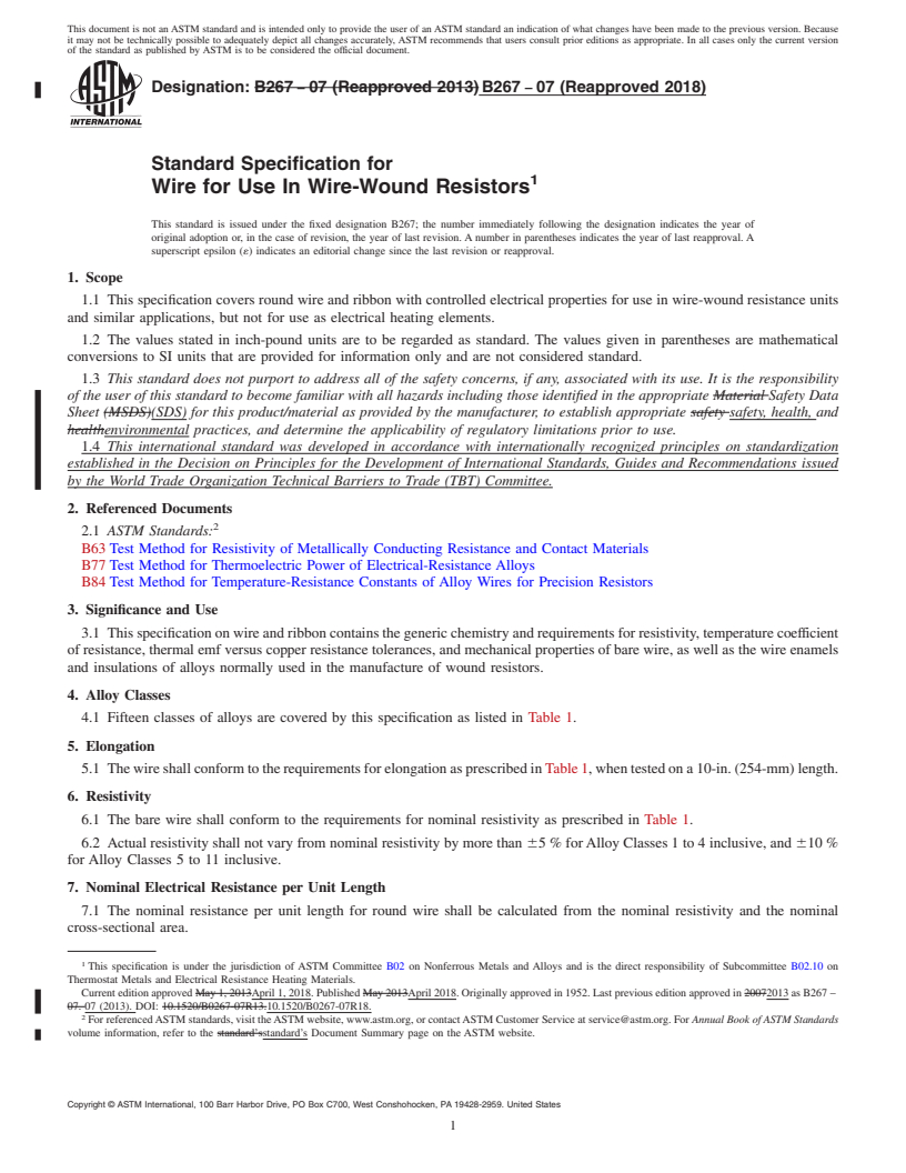 REDLINE ASTM B267-07(2018) - Standard Specification for Wire for Use In Wire-Wound Resistors