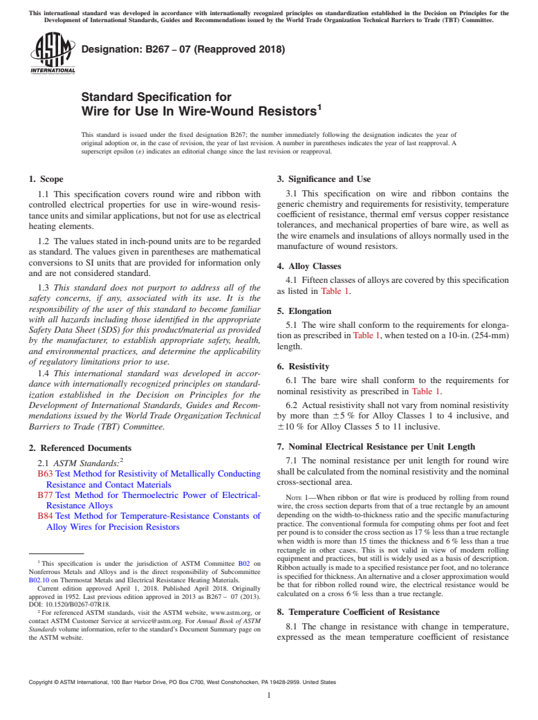 ASTM B267-07(2018) - Standard Specification for Wire for Use In Wire-Wound Resistors