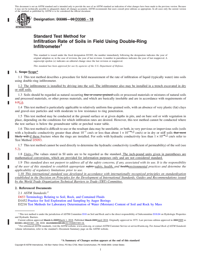 REDLINE ASTM D3385-18 - Standard Test Method for  Infiltration Rate of Soils in Field Using Double-Ring Infiltrometer