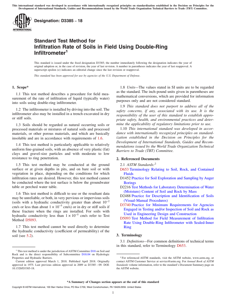 ASTM D3385-18 - Standard Test Method for  Infiltration Rate of Soils in Field Using Double-Ring Infiltrometer