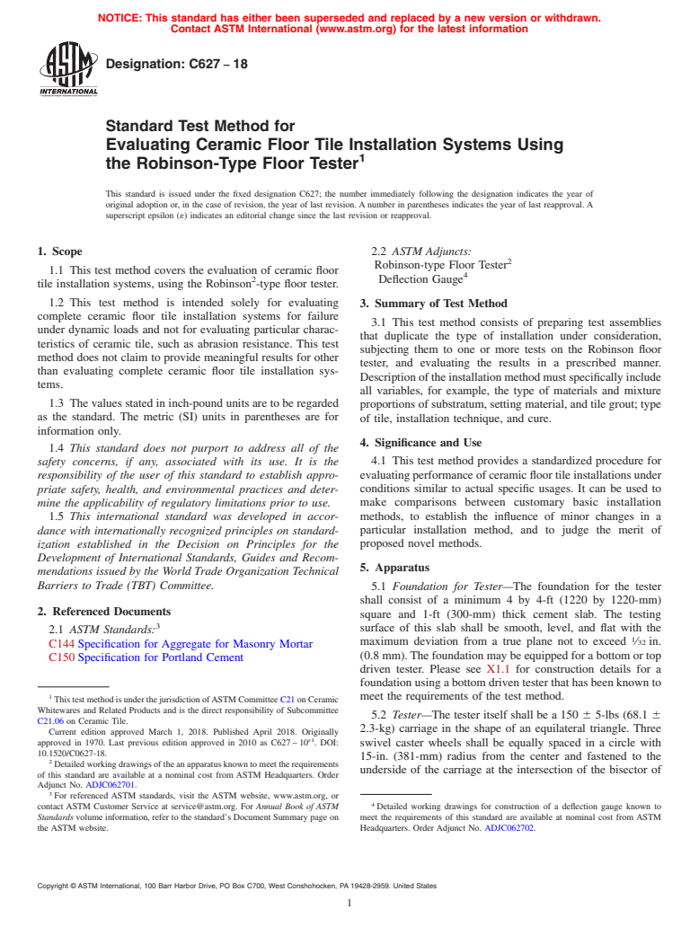 ASTM C627-18 - Standard Test Method for  Evaluating Ceramic Floor Tile Installation Systems Using the   Robinson-Type Floor Tester