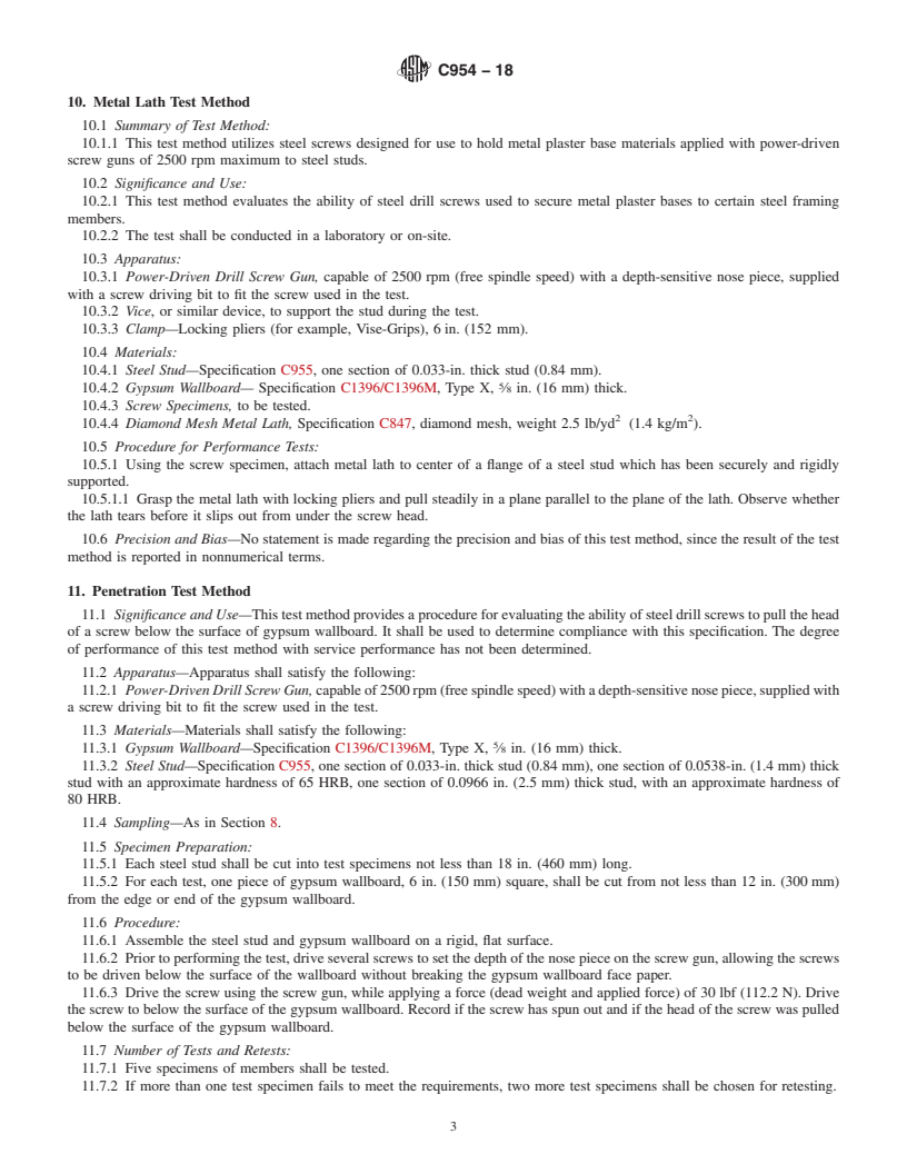 REDLINE ASTM C954-18 - Standard Specification for  Steel Drill Screws for the Application of Gypsum Panel Products  or Metal Plaster Bases to Steel Studs from 0.033 in. (0.84 mm) to  0.112 in. (2.84  mm) in Thickness
