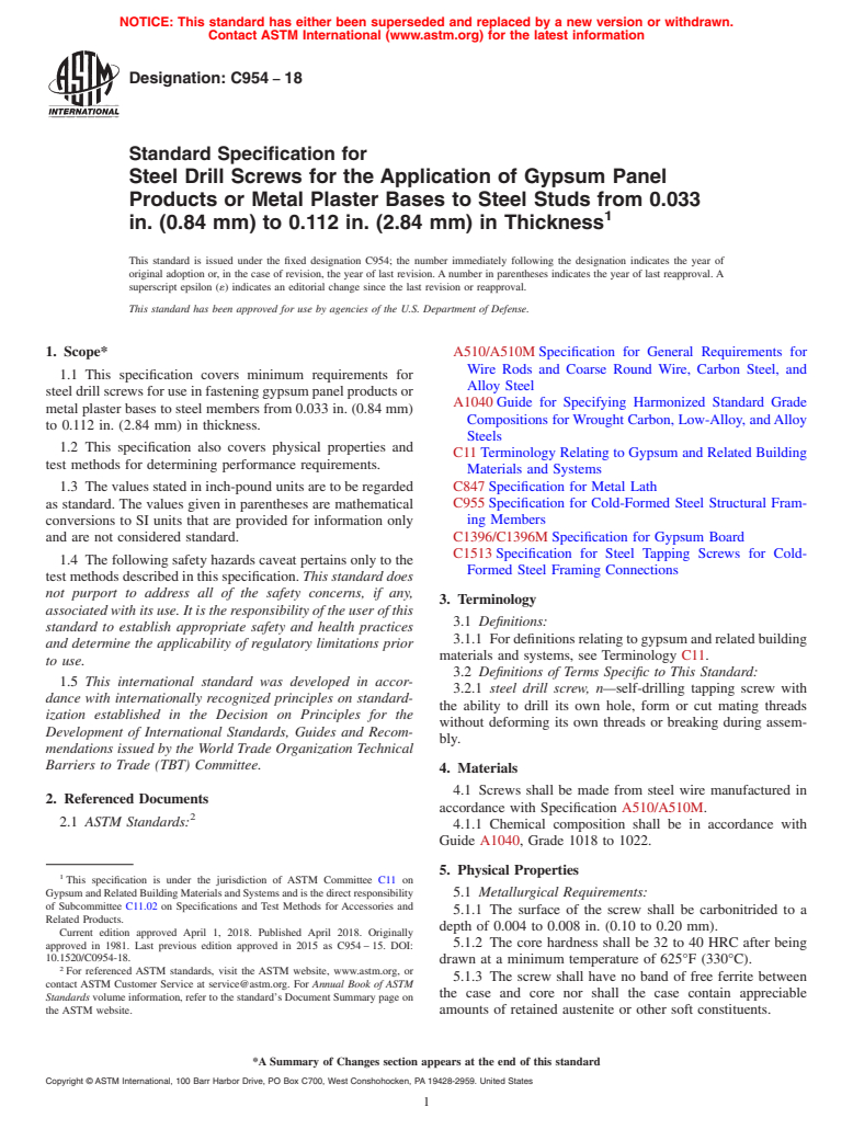 ASTM C954-18 - Standard Specification for  Steel Drill Screws for the Application of Gypsum Panel Products  or Metal Plaster Bases to Steel Studs from 0.033 in. (0.84 mm) to  0.112 in. (2.84  mm) in Thickness