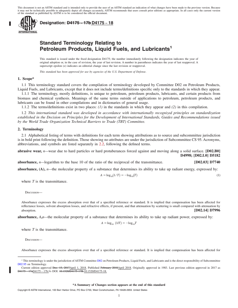 REDLINE ASTM D4175-18 - Standard Terminology Relating to Petroleum Products, Liquid Fuels, and Lubricants