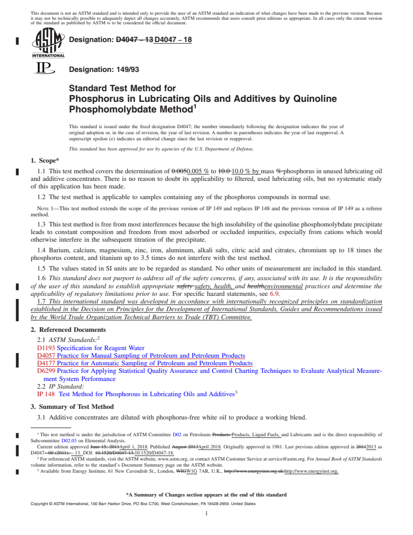 REDLINE ASTM D4047-18 - Standard Test Method for Phosphorus in Lubricating Oils and Additives by Quinoline Phosphomolybdate  Method