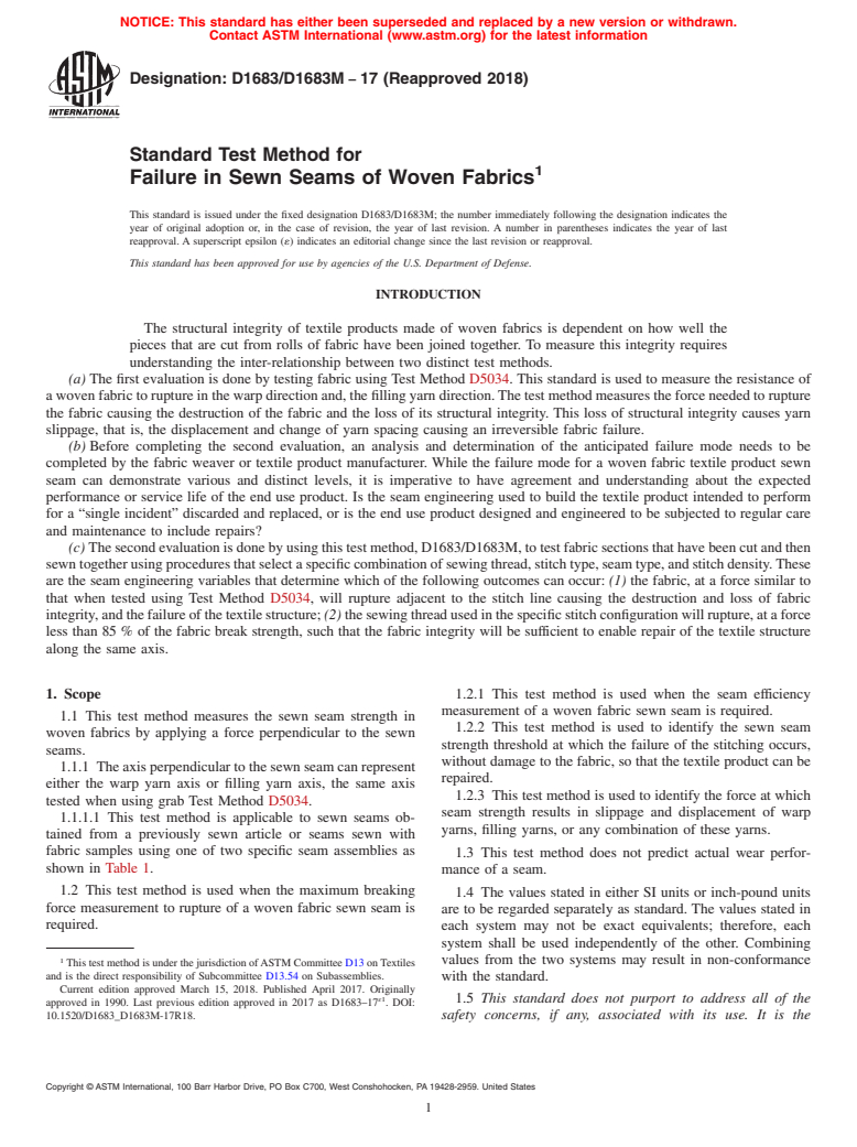 ASTM D1683/D1683M-17(2018) - Standard Test Method for  Failure in Sewn Seams of Woven Fabrics