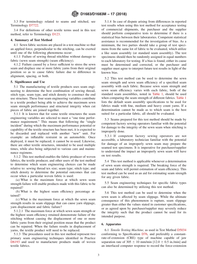 ASTM D1683/D1683M-17(2018) - Standard Test Method for  Failure in Sewn Seams of Woven Fabrics