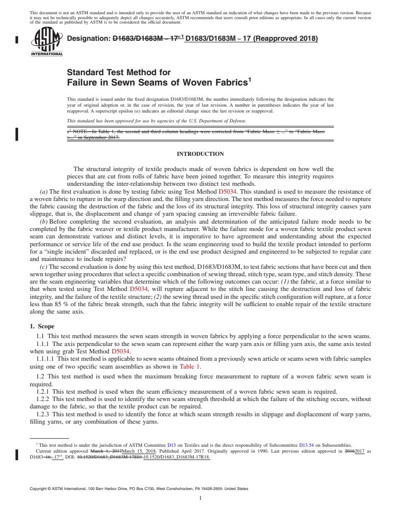 REDLINE ASTM D1683/D1683M-17(2018) - Standard Test Method for  Failure in Sewn Seams of Woven Fabrics