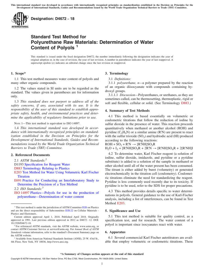 ASTM D4672-18 - Standard Test Method for  Polyurethane Raw Materials: Determination of Water Content  of Polyols