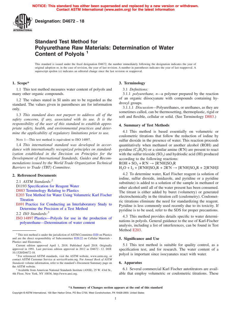ASTM D4672-18 - Standard Test Method for  Polyurethane Raw Materials: Determination of Water Content  of Polyols
