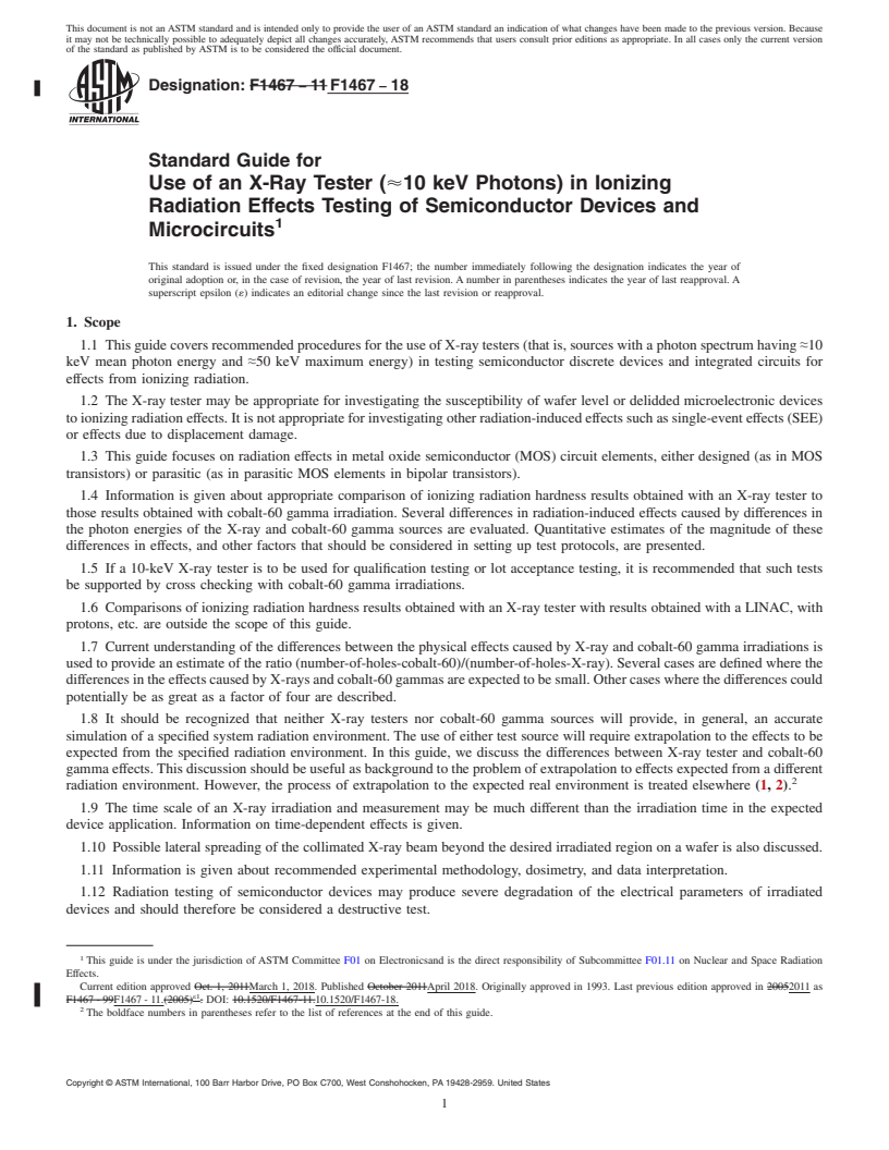 REDLINE ASTM F1467-18 - Standard Guide for  Use of an X-Ray Tester (&#x2248;10 keV Photons) in Ionizing  Radiation Effects Testing of Semiconductor Devices and Microcircuits