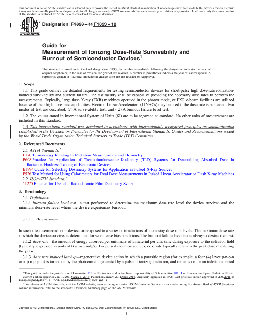 REDLINE ASTM F1893-18 - Guide for  Measurement of Ionizing Dose-Rate Survivability and Burnout   of Semiconductor Devices