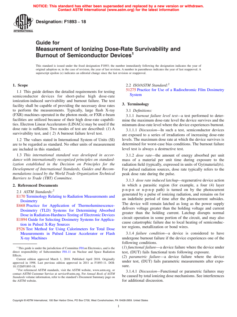 ASTM F1893-18 - Guide for  Measurement of Ionizing Dose-Rate Survivability and Burnout   of Semiconductor Devices (Withdrawn 2023)