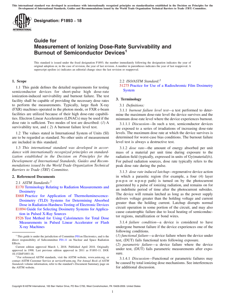 ASTM F1893-18 - Guide for  Measurement of Ionizing Dose-Rate Survivability and Burnout   of Semiconductor Devices
