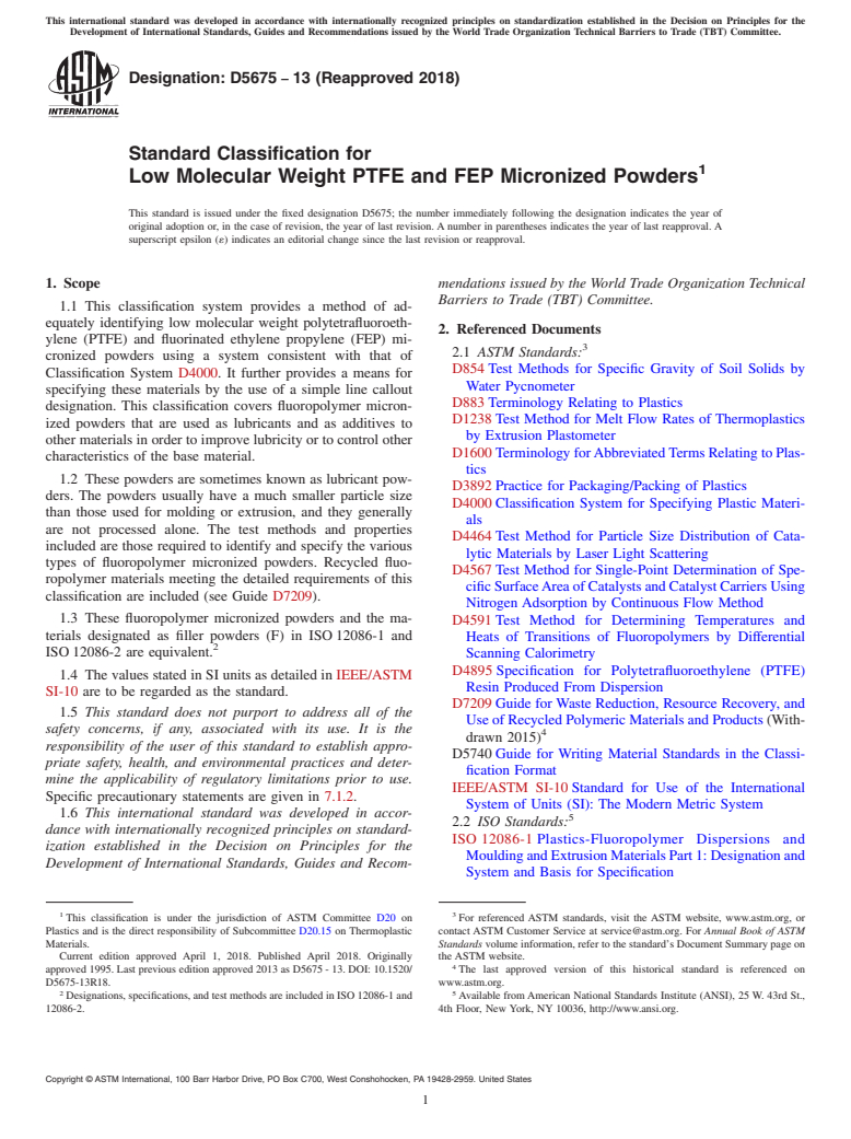 ASTM D5675-13(2018) - Standard Classification for  Low Molecular Weight PTFE and FEP Micronized Powders