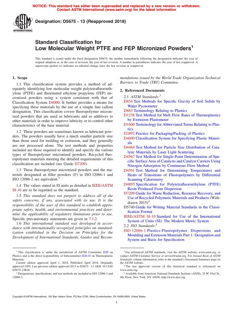 ASTM D5675-13(2018) - Standard Classification for  Low Molecular Weight PTFE and FEP Micronized Powders