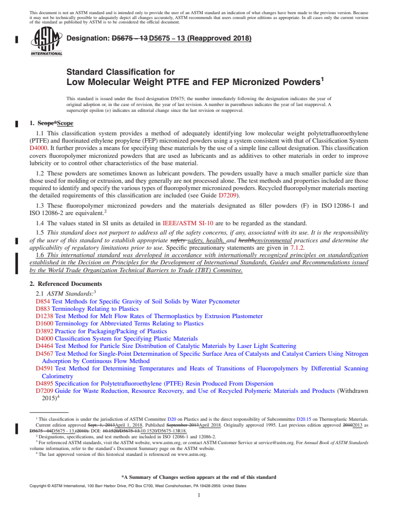 REDLINE ASTM D5675-13(2018) - Standard Classification for  Low Molecular Weight PTFE and FEP Micronized Powders