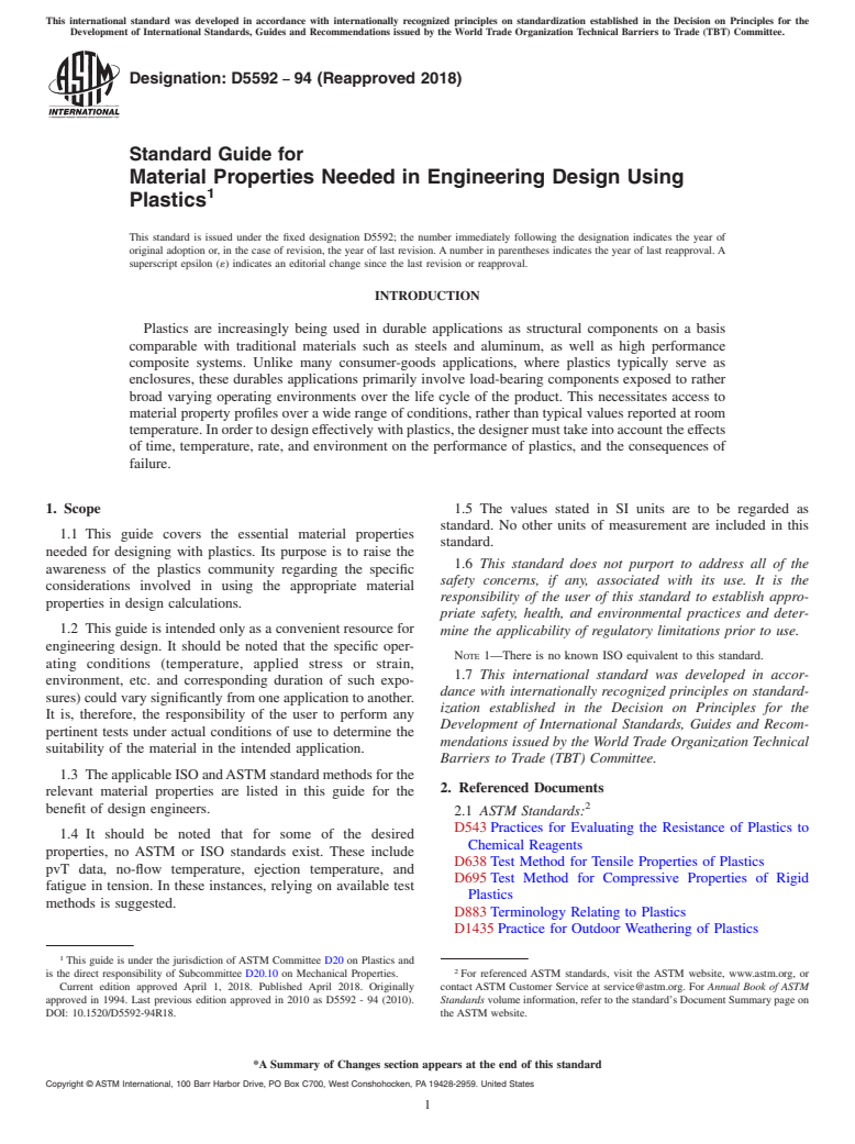 ASTM D5592-94(2018) - Standard Guide for  Material Properties Needed in Engineering Design Using Plastics