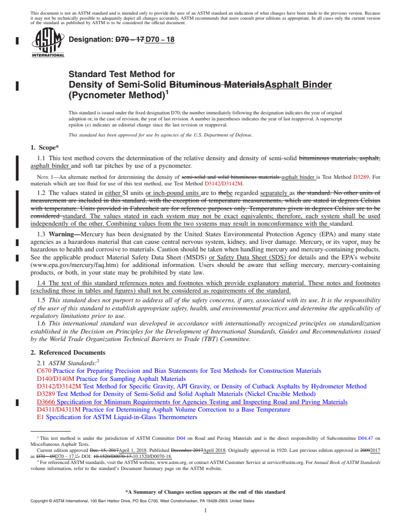 REDLINE ASTM D70-18 - Standard Test Method for  Density of Semi-Solid Asphalt Binder (Pycnometer Method)