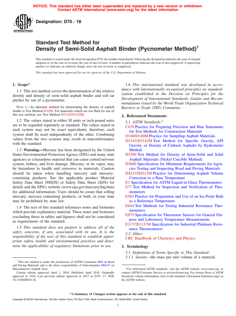 ASTM D70-18 - Standard Test Method for  Density of Semi-Solid Asphalt Binder (Pycnometer Method)