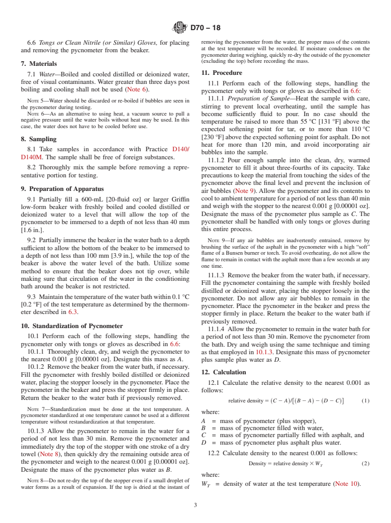 ASTM D70-18 - Standard Test Method for  Density of Semi-Solid Asphalt Binder (Pycnometer Method)